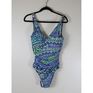 Lauren Ralph Lauren Blue Green Paisley Surplice One Piece Swimsuit Size 12